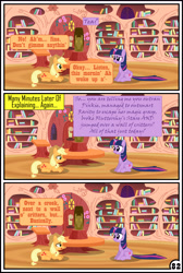 Size: 3254x4837 | Tagged: safe, artist:gutovi, character:applejack, character:twilight sparkle, character:twilight sparkle (alicorn), species:alicorn, species:pony, comic:why me!?, absurd resolution, comic, explicit series, exposition, golden oaks library, prone, scrunchy face