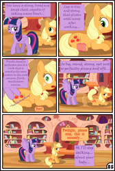 Size: 3254x4837 | Tagged: safe, artist:gutovi, character:applejack, character:twilight sparkle, character:twilight sparkle (alicorn), species:alicorn, species:pony, comic:why me!?, absurd resolution, butt touch, comic, explicit series, feathermarking, golden oaks library, i am an adult, i need an adult, implied twijack, magic, molestation, personal space invasion, spread wings, wingboner, wings