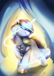 Size: 1280x1799 | Tagged: safe, artist:anticular, character:princess skyla, species:pony, species:unicorn, eyes closed, female, jewelry, mare, older, raised hoof, regalia, smiling, solo