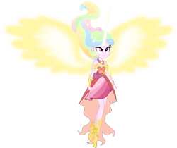Size: 7000x5874 | Tagged: safe, artist:orin331, character:princess celestia, my little pony:equestria girls, absurd resolution, alternate universe, clothing, daydream-ified, dress, female, floating, glowing horn, glowing wings, simple background, sleeveless, solo, strapless, transparent background, vector, younger