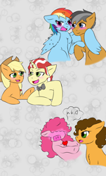 Size: 1536x2548 | Tagged: safe, artist:jolliapplegirl, character:applejack, character:cheese sandwich, character:flim, character:pinkie pie, character:quibble pants, character:rainbow dash, ship:cheesepie, ship:flimjack, ship:quibbledash, male, next generation, shipping, story included, straight