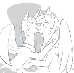 Size: 1000x987 | Tagged: safe, artist:redintravenous, character:nightmare moon, character:princess celestia, character:princess luna, species:alicorn, species:pony, ship:princest, blushing, color me, female, incest, kissing, lesbian, monochrome, mooncest, shipping, sketch