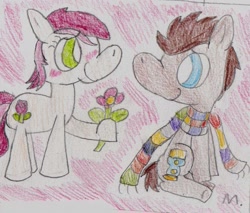 Size: 1385x1182 | Tagged: safe, artist:ptitemouette, character:doctor whooves, character:roseluck, character:time turner, species:pony, ship:doctorrose, clothing, doctor who, flower, male, scarf, shipping, stallion, straight, traditional art