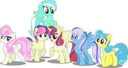 Size: 7000x3722 | Tagged: safe, artist:orin331, character:bon bon, character:lemon hearts, character:lyra heartstrings, character:minuette, character:moondancer, character:sweetie drops, character:twinkleshine, species:alicorn, species:pony, dancerverse, absurd resolution, alicornified, alternate hairstyle, alternate universe, flying, grin, group, looking at you, looking back, looking down, moondancercorn, open mouth, race swap, raised hoof, raised leg, simple background, smiling, spread wings, transparent background, vector, wings
