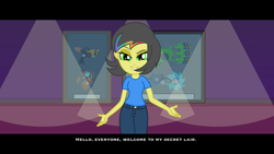 Size: 4800x2700 | Tagged: safe, artist:razethebeast, oc, oc only, oc:pauly sentry, my little pony:equestria girls, absurd resolution, clothing, dialogue, equestria girls-ified, female, gun, looking at you, looking back, pants, smiling, solo, weapon, widescreen