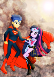 Size: 1600x2263 | Tagged: safe, artist:jucamovi1992, character:flash sentry, character:twilight sparkle, ship:flashlight, my little pony:equestria girls, bare shoulders, cape, clothing, dc comics, male, shipping, sleeveless, straight, strapless, superman, wonder woman