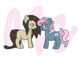 Size: 1170x879 | Tagged: safe, artist:lou, oc, oc only, oc:juicy dream, species:earth pony, species:pony, abstract background, cute, duo, female, jewelry, looking at each other, necklace, no pupils, ocbetes