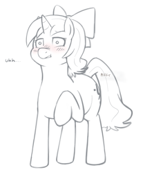Size: 709x857 | Tagged: safe, artist:redintravenous, oc, oc only, oc:red ribbon, species:pony, species:unicorn, bow, fart, fart noise, hair bow, horn, lineart, monochrome, raised hoof, solo, unicorn oc