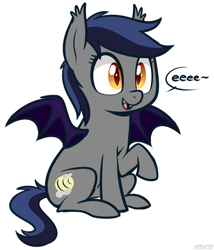 Size: 640x748 | Tagged: safe, artist:higgly-chan, oc, oc only, oc:echo, species:bat pony, species:pony, colored pupils, cute, dialogue, ear tufts, eeee, fangs, female, mare, ocbetes, open mouth, raised hoof, simple background, sitting, smiling, solo, speech bubble, spread wings, tail, tilde, white background, wings