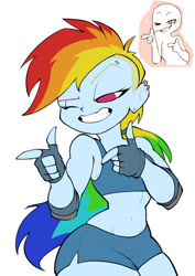 Size: 536x759 | Tagged: safe, artist:bigdad, character:rainbow dash, satyr, species:human, my little pony:equestria girls, clothing, elbow pads, female, fingerless gloves, gloves, gym shorts, human facial structure, one eye closed, pony colored satyr, pony coloring, shorts, simple background, solo, sports bra, sports shorts, white background, wink