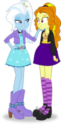 Size: 3916x8000 | Tagged: safe, artist:limedazzle, character:adagio dazzle, character:trixie, my little pony:equestria girls, absurd resolution, alternate costumes, alternate universe, boots, cat socks, clothing, dress, duo, hand on hip, jacket, lidded eyes, role reversal, simple background, skirt, smirk, smug, socks, striped socks, transparent background, vector