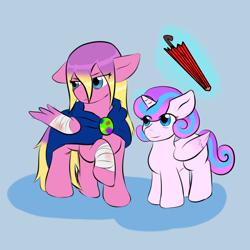 Size: 1024x1024 | Tagged: safe, artist:jolliapplegirl, character:princess flurry heart, character:princess skyla, parent:princess cadance, parent:shining armor, parents:shiningcadance, species:alicorn, species:pegasus, species:pony, adopted offspring, crystal sisters, foal, injured, injured wing, next generation, offspring, siblings, story included