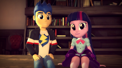 Size: 1920x1080 | Tagged: safe, artist:razethebeast, character:flash sentry, character:twilight sparkle, ship:flashlight, my little pony:equestria girls, 3d, boyshorts, clothing, looking at you, male, panties, purple underwear, shipping, sitting, skirt, smiling, source filmmaker, straight, underwear, upskirt
