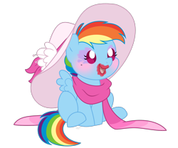Size: 1482x1232 | Tagged: safe, artist:faith-wolff, character:rainbow dash, species:pony, fanfic:the bridge, baby, baby dash, baby pony, clothing, cute, dashabetes, female, filly, filly rainbow dash, giant hat, hat, hnnng, lipstick, makeup, mythology gag, rainbow dash always dresses in style, scarf, simple background, solo, transparent background, weapons-grade cute