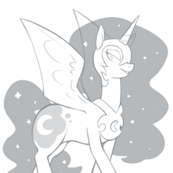 Size: 1000x1000 | Tagged: safe, artist:redintravenous, character:nightmare moon, character:princess luna, species:alicorn, species:pony, ethereal mane, female, grayscale, helmet, lidded eyes, looking at you, mare, monochrome, open mouth, peytral, simple background, solo, spread wings, white background, wings