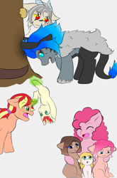Size: 1600x2426 | Tagged: safe, artist:jolliapplegirl, character:pinkie pie, oc, oc:acheron, oc:anansi, oc:chocolate cheesecake, oc:honey brie, oc:parfait, oc:sweet deal, parent:applejack, parent:cheese sandwich, parent:discord, parent:flim, parent:fluttershy, parent:iron will, parent:king sombra, parent:lord tirek, parent:pinkie pie, parent:zecora, parents:canon x oc, parents:cheesepie, parents:flimjack, parents:zecord, species:draconequus, species:earth pony, species:pony, species:unicorn, adopted offspring, brothers, family, hybrid, interspecies offspring, mane of fire, next generation, offspring, sibling rivalry, siblings