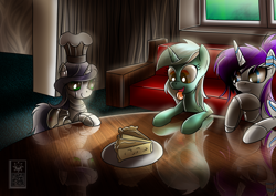 Size: 1500x1062 | Tagged: safe, artist:elmutanto, character:lyra heartstrings, character:sweetie belle, oc, oc:raribot, species:pony, species:unicorn, sweetie bot, baking, cake, cheesecake, female, filly, foal, food, hooves, horn, mare, pie, raribot, robot, robot pony, sister-in-law, sisters, smiling, stable, tongue out, trio, trio female, window