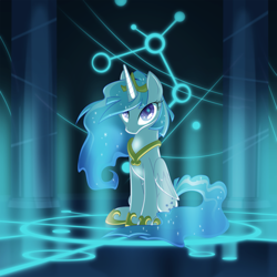 Size: 2025x2025 | Tagged: safe, artist:equestria-prevails, character:galaxy (g1), character:majesty, oc, oc:princess galaxia, species:alicorn, species:pony, g1, alicornified, crown, ethereal mane, female, galaxy mane, glow, hoof shoes, jewelry, looking at you, mare, peytral, race swap, regalia, sitting, solo