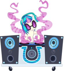 Size: 6643x6526 | Tagged: safe, artist:pink1ejack, character:dj pon-3, character:vinyl scratch, species:pony, species:unicorn, absurd resolution, fan series, female, glowing horn, guardians of harmony, headphones, hooves, horn, magic, mare, music notes, simple background, smiling, solo, speakers, sunglasses, teeth, that was fast, toy, toy interpretation, transparent background, vector