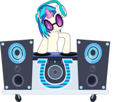Size: 6643x5386 | Tagged: safe, artist:pink1ejack, character:dj pon-3, character:vinyl scratch, species:pony, species:unicorn, absurd resolution, fan series, female, glowing horn, guardians of harmony, headphones, hooves, horn, magic, mare, music notes, simple background, smiling, solo, speakers, sunglasses, teeth, toy, toy interpretation, transparent background, vector