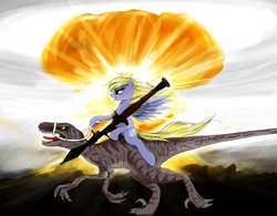 Size: 1124x878 | Tagged: safe, artist:madhotaru, character:derpy hooves, species:pegasus, species:pony, badass, bridle, dinosaur, epic derpy, explosion, female, mare, mushroom cloud, nuclear weapon, open mouth, ponies riding dinosaurs, riding, rpg, rpg-7, smirk, spread wings, velociraptor, wings