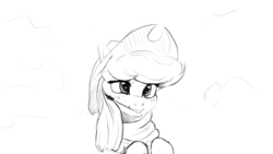 Size: 1920x1080 | Tagged: safe, artist:hierozaki, character:applejack, species:earth pony, species:pony, clothing, cowboy hat, female, hat, hay stalk, mare, monochrome, scarf, sketch, smiling, solo, stetson, straw in mouth