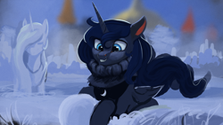 Size: 1920x1080 | Tagged: safe, artist:hierozaki, character:princess celestia, character:princess luna, species:pony, clothing, cute, female, lunabetes, mare, missing accessory, painting, prone, scarf, smiling, snow, snow statue, snowball, snowpony, solo