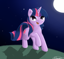 Size: 1367x1259 | Tagged: safe, artist:theparagon, character:twilight sparkle, species:pony, species:unicorn, female, mare, moon, night, open mouth, raised hoof, solo, stars