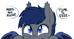Size: 1234x648 | Tagged: safe, artist:higgly-chan, oc, oc only, oc:shift, species:bat pony, species:pony, c:, cute, dialogue, ear tufts, eeee, excited, featured on derpibooru, happy, looking up, mascot, mods are asleep, ocbetes, peeking, simple background, slit eyes, slit pupils, smiling, solo, soon, speech bubble, spread wings, text, weapons-grade cute, white background, wings