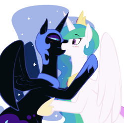 Size: 1000x987 | Tagged: safe, artist:elslowmo, artist:redintravenous, character:nightmare moon, character:princess celestia, character:princess luna, species:alicorn, species:pony, ship:celestimoon, ship:princest, blushing, female, incest, kissing, lesbian, mooncest, shipping