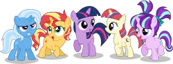Size: 10000x3667 | Tagged: safe, artist:limedazzle, character:moondancer, character:starlight glimmer, character:sunset shimmer, character:trixie, character:twilight sparkle, species:pony, species:unicorn, absurd resolution, counterparts, cute, dancerbetes, diatrixes, filly, filly moondancer, filly starlight glimmer, filly sunset shimmer, filly trixie, filly twilight sparkle, glimmerbetes, hnnng, magical quartet, magical quintet, magical trio, open mouth, shimmerbetes, simple background, smiling, transparent background, twiabetes, twilight's counterparts, vector, younger