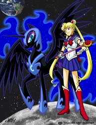 Size: 720x932 | Tagged: safe, artist:texasuberalles, character:nightmare moon, character:princess luna, species:alicorn, species:human, species:pony, boots, crossover, duo, earth, high heel boots, moon, planet, sailor moon, serena tsukino, space, staff, stars, tsukino usagi