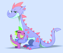 Size: 1175x990 | Tagged: safe, artist:imalou, character:spike, oc, species:dragon, blue background, cute, dragoness, duo, eyes closed, female, hug, lidded eyes, looking down, male, mother and son, simple background, size difference, smiling, spikabetes, spike's mother, spikelove