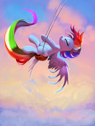 Size: 1548x2058 | Tagged: safe, artist:imalou, character:derpy hooves, character:rainbow dash, species:bird, species:pegasus, species:pony, backwards cutie mark, beautiful, cloud, eyes closed, female, flock, peaceful, sky, smiling, solo, solo focus, swing, swinging, when you see it