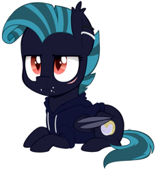 Size: 859x929 | Tagged: safe, artist:higgly-chan, oc, oc only, oc:midnight chastise, species:bat pony, species:pony, chibi, clothing, colored pupils, ear piercing, eye scar, fangs, grump bat, grumpy, hoodie, lip piercing, looking at you, lying down, piercing, prone, scar, simple background, solo, transparent background