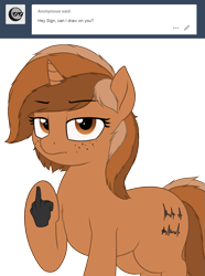 Size: 1007x1351 | Tagged: safe, artist:zippysqrl, oc, oc only, oc:sign, species:pony, species:unicorn, ask, ask sign, female, freckles, lidded eyes, looking at you, middle finger, raised hoof, simple background, solo, transparent background, tumblr, vulgar