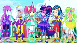 Size: 1280x720 | Tagged: safe, artist:limedazzle, edit, character:indigo zap, character:lemon zest, character:sour sweet, character:sugarcoat, character:sunny flare, character:twilight sparkle, character:twilight sparkle (scitwi), species:eqg human, equestria girls:legend of everfree, g4, my little pony: equestria girls, my little pony:equestria girls, alternate universe, boots, clothing, crystal wings, glasses, goggles, high heel boots, jewelry, ponied up, ponytail, shadow six, shoes, sneakers, sparkles, super ponied up, wings