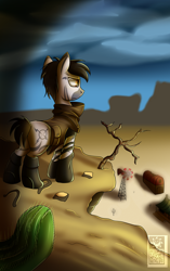 Size: 1700x2700 | Tagged: safe, artist:elmutanto, oc, oc only, species:pony, species:zebra, fallout equestria, barn, black mane, boots, boots on hooves, buck, cactus, clothing, cloud, cloudy, desert, duster, fallout, farm, glyph, glyphmark, hoofprints, male, post-apocalyptic, propeller, sniper, socks, stallion, stripes, wasteland, wind turb