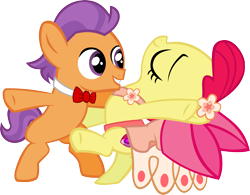 Size: 4191x3277 | Tagged: safe, artist:ironm17, character:apple bloom, character:tender taps, ship:tenderbloom, episode:on your marks, g4, my little pony: friendship is magic, absurd resolution, adorabloom, bipedal, bow tie, clothing, cute, dancing, dress, gala dress, male, shipping, simple background, straight, tango, tendaww taps, transparent background, vector