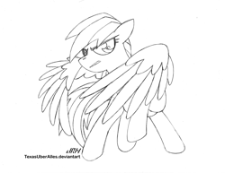 Size: 932x720 | Tagged: safe, artist:texasuberalles, character:rainbow dash, species:pegasus, species:pony, female, lineart, looking at you, pencil drawing, raised hoof, simple background, sketch, solo, traditional art, white background