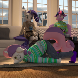 Size: 1750x1750 | Tagged: safe, artist:tahublade7, character:dinky hooves, character:lord tirek, character:rarity, character:sweetie belle, character:twilight sparkle, character:twilight sparkle (alicorn), species:alicorn, species:anthro, species:plantigrade anthro, species:pony, 3d, bored, cake, clothing, couch, cup, food, indoors, jeans, merry-go-round, missing shoes, pants, playground, scootie belle, silly, sitting, socks