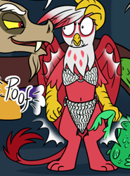 Size: 245x331 | Tagged: safe, artist:sorcerushorserus, character:discord, oc, oc:red sorena, alternate costumes, armor, belly button, chainmail, chainmail bikini, comic, cropped, fish, loincloth, magic, midriff, poof, unconvincing armor