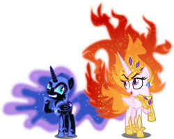 Size: 6000x4782 | Tagged: safe, artist:orin331, character:nightmare moon, character:nightmare star, character:princess luna, species:alicorn, species:pony, absurd resolution, adorabolical, armor, cewestia, cute, ethereal mane, evil, evil eyes, evil grin, female, filly, foal, galaxy mane, grin, jewelry, mane of fire, moonabetes, nightmare woon, regalia, royal sisters, royalty, sisters, smiling, teenager, woona, younger