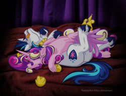Size: 937x720 | Tagged: safe, artist:texasuberalles, character:princess cadance, character:shining armor, species:alicorn, species:pony, species:unicorn, ship:shiningcadance, cloven hooves, colored hooves, dock, female, frog (hoof), jewelry, majestic as fuck, male, on back, pony pillow, regalia, shipping, sleeping, straight, tongue out, underhoof, unshorn fetlocks