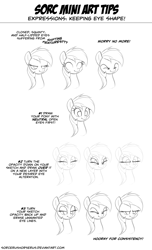 Size: 861x1415 | Tagged: safe, artist:sorcerushorserus, character:rainbow dash, species:pony, bust, expressions, eyes closed, how to draw, lidded eyes, monochrome, portrait, sketch, tutorial