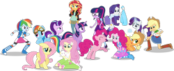 Size: 10000x4060 | Tagged: safe, artist:limedazzle, character:angel bunny, character:applejack, character:fluttershy, character:pinkie pie, character:rainbow dash, character:rarity, character:starlight glimmer, character:sunset shimmer, character:twilight sparkle, character:twilight sparkle (scitwi), species:alicorn, species:earth pony, species:eqg human, species:pegasus, species:pony, species:unicorn, my little pony:equestria girls, absurd resolution, boots, bow tie, bracelet, clothing, compression shorts, cowboy boots, cowboy hat, crossover, cute, denim skirt, glasses, goggles, group, hat, high heel boots, human ponidox, humane five, humane seven, humane six, jacket, jewelry, mane six, mary janes, ponidox, self ponidox, shoes, simple background, skirt, smiling, socks, square crossover, stetson, tank top, transparent background, twolight, vector, wings, wristband
