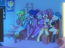 Size: 1723x1278 | Tagged: safe, artist:bigdad, character:indigo zap, character:lemon zest, character:sour sweet, character:sugarcoat, character:sunny flare, character:twilight sparkle, character:twilight sparkle (scitwi), species:eqg human, my little pony:equestria girls, barefoot, belly button, breasts, busty sour sweet, cleavage, clothing, crystal prep shadowbolts, cute, feet, female, legs, midriff, pajamas, shadow five, shadow six, shorts, side slit, skirt, sugarcute, television, twiabetes, yawn, zestabetes