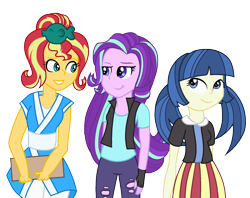 Size: 1705x1349 | Tagged: safe, artist:berrypunchrules, character:juniper montage, character:starlight glimmer, character:sunset shimmer, my little pony:equestria girls, clothing, cute, doll, equestria girls minis, female, fingerless gloves, gloves, happi, obi, pants, pigtails, shirt, simple background, skirt, smiling, standing, sunset sushi, toy, toy interpretation, transparent background, twintails, vest