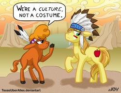 Size: 720x553 | Tagged: safe, artist:texasuberalles, character:braeburn, character:little strongheart, species:buffalo, species:earth pony, species:pony, costume, cultural appropriation, duo, female, male, stallion, we're a culture not a costume