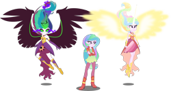 Size: 8000x4274 | Tagged: safe, artist:orin331, character:princess celestia, my little pony:equestria girls, absurd resolution, alternate universe, artificial wings, augmented, boots, clothing, crossed arms, dark magic, daydream-ified, dress, female, floating, gloves, high heel boots, magic, magic wings, midnight-ified, simple background, sleeveless, solo, sombra eyes, strapless, transparent background, triality, vector, wings, younger